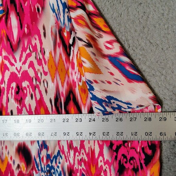 Chico's Top Women's 2 Pink Blue Ikat Print Dolman Sleeves Split Neck Blouse Boho - Picture 9 of 11